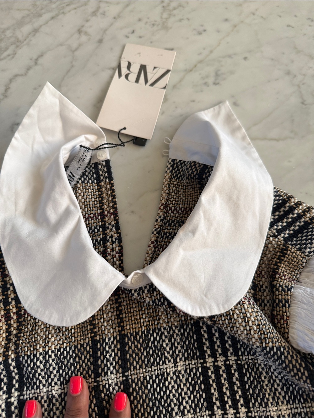 Zara White Puff-Sleeve Blouse with Brown Plaid Vest - Picture 3 of 4